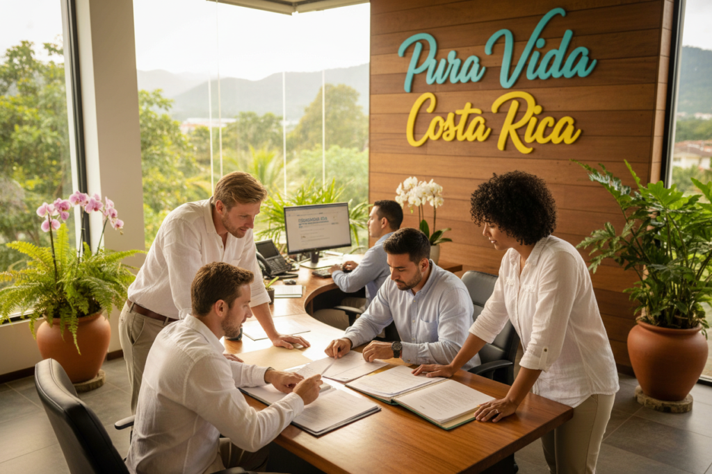 A serene and inviting office space in Costa Rica, featuring a diverse group of staff members dressed in business casual attire, engaging in discussions about the residency system. In the foreground, a Caucasian man and woman are reviewing documents on a desk, while another colleague sits at a computer in the middle ground, focused on researching residency options. Bright, tropical plants and natural light filter through large windows, creating an atmosphere of warmth and professionalism. In the background, a prominent sign displays "Pura Vida Costa Rica" in vibrant colors, emphasizing the essence of the country. The lighting is soft yet bright, enhancing the inviting mood of the workspace. Capture this scene from a slightly elevated angle to showcase the layout and the cooperative spirit of the team.
