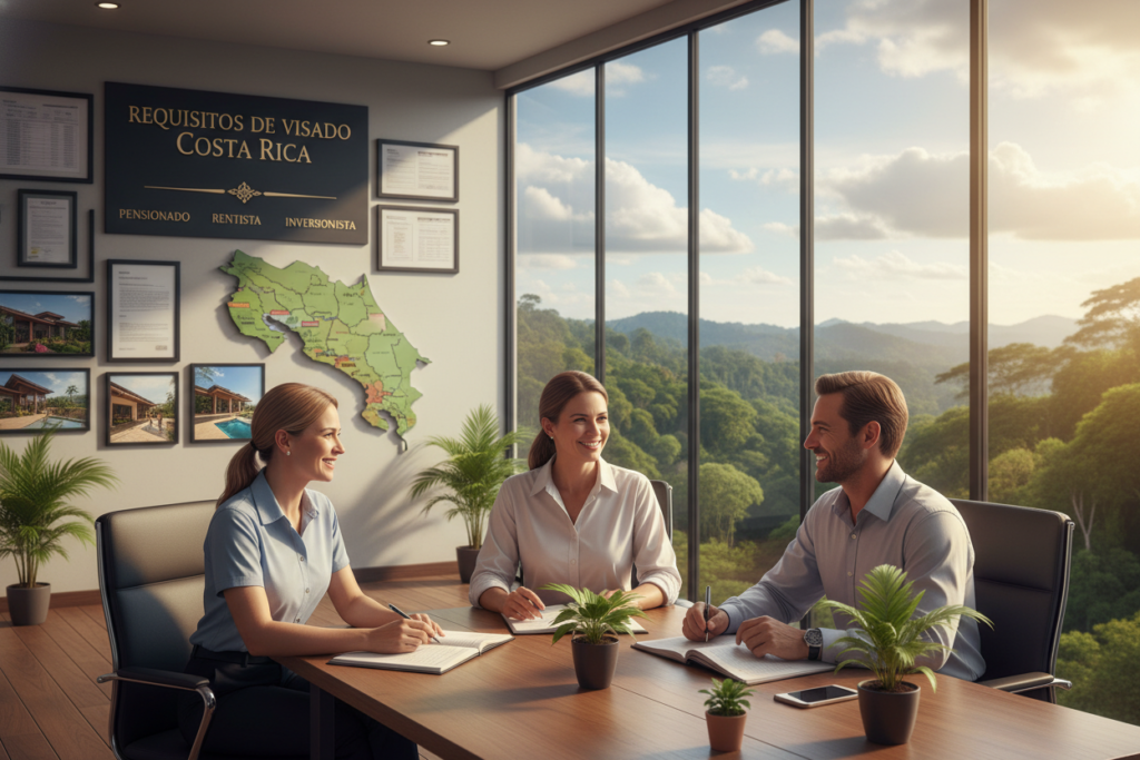 A serene and inviting scene depicting the requirements for Costa Rica's Pensionado, Rentista, and Inversionista visas. In the foreground, a group of professional, Caucasian staff members are engaged in a discussion around a wooden table adorned with tropical plants, showcasing a welcoming atmosphere. They are dressed in business casual attire, wearing polo shirts and button-downs. The middle ground features a softly lit office space with large windows that showcase lush green landscapes outside, symbolizing Costa Rica's natural beauty. The background is filled with visual elements representing the Pensionado, Rentista, and Inversionista requirements, such as financial documents, a map of Costa Rica, and images of comfortable living. The overall mood is professional yet relaxed, capturing the essence of "Pura Vida Costa Rica." The lighting is warm and inviting, creating a positive and immersive environment.