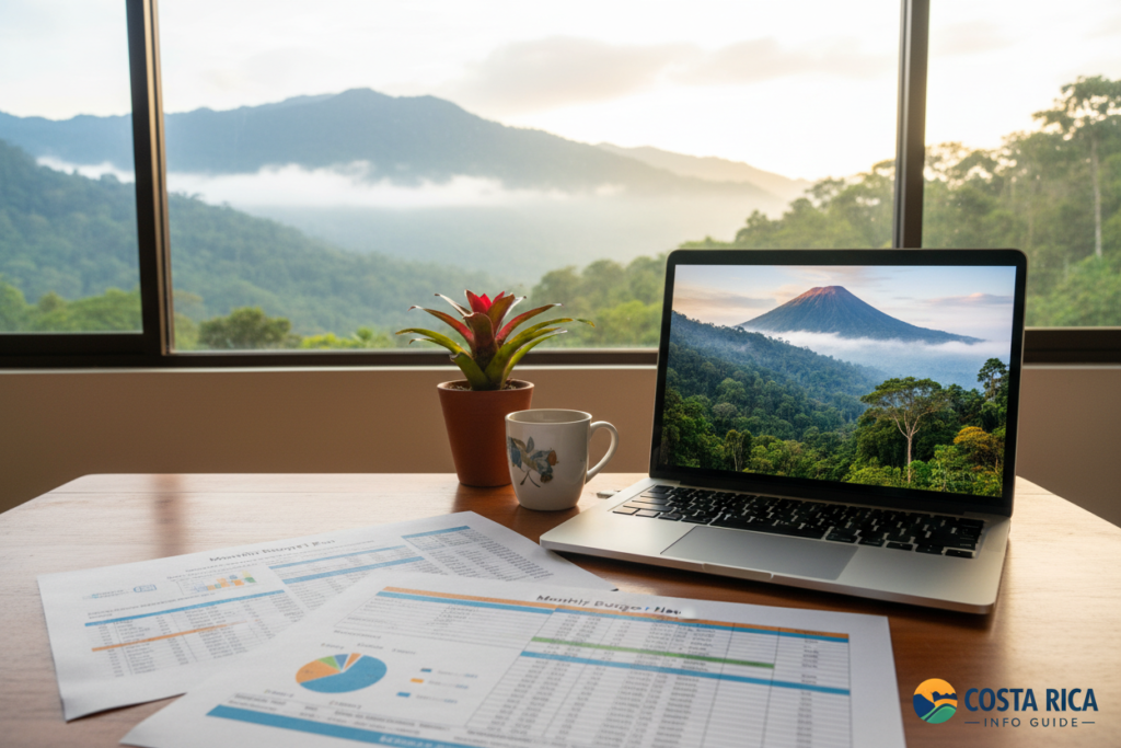 A serene and organized office space that encapsulates the theme of managing monthly expenses in Costa Rica. In the foreground, a wooden desk displays a detailed monthly budget plan with colorful charts and spreadsheets, alongside a laptop showing a vibrant Costa Rican landscape on the screen. The middle layer includes a potted plant, reflecting the lush nature of Costa Rica, and a cup of coffee, symbolizing productivity. In the background, a large window offers a view of misty mountains and tropical foliage, bathed in warm, natural light. The atmosphere is calm and focused, ideal for financial planning. The scene conveys a sense of professionalism and affordability in living, emphasizing the theme of managing expenses effectively. Costa Rica info guide is subtly represented through the vibrant landscape.