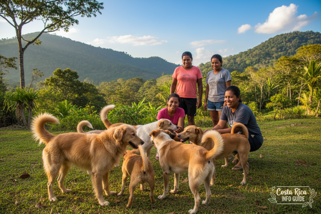 A serene encounter with a community of stray dogs in Costa Rica, set in a lush, green landscape typical of the region. In the foreground, a diverse group of friendly dogs of various breeds, including a Golden Retriever, a mixed breed with a patchy coat, and a small terrier, playfully interacting with each other. The middle ground showcases a few locals engaging with the dogs, wearing casual clothing, smiling and kneeling to pet them. The background reveals the rolling hills of Costa Rica, under a bright blue sky with soft, fluffy clouds. The lighting is warm and inviting, suggesting late afternoon sun with a golden hue. The scene conveys a sense of harmony and belonging within the stray dog community, celebrating their spirit and connection to the environment. Costa Rica info guide.