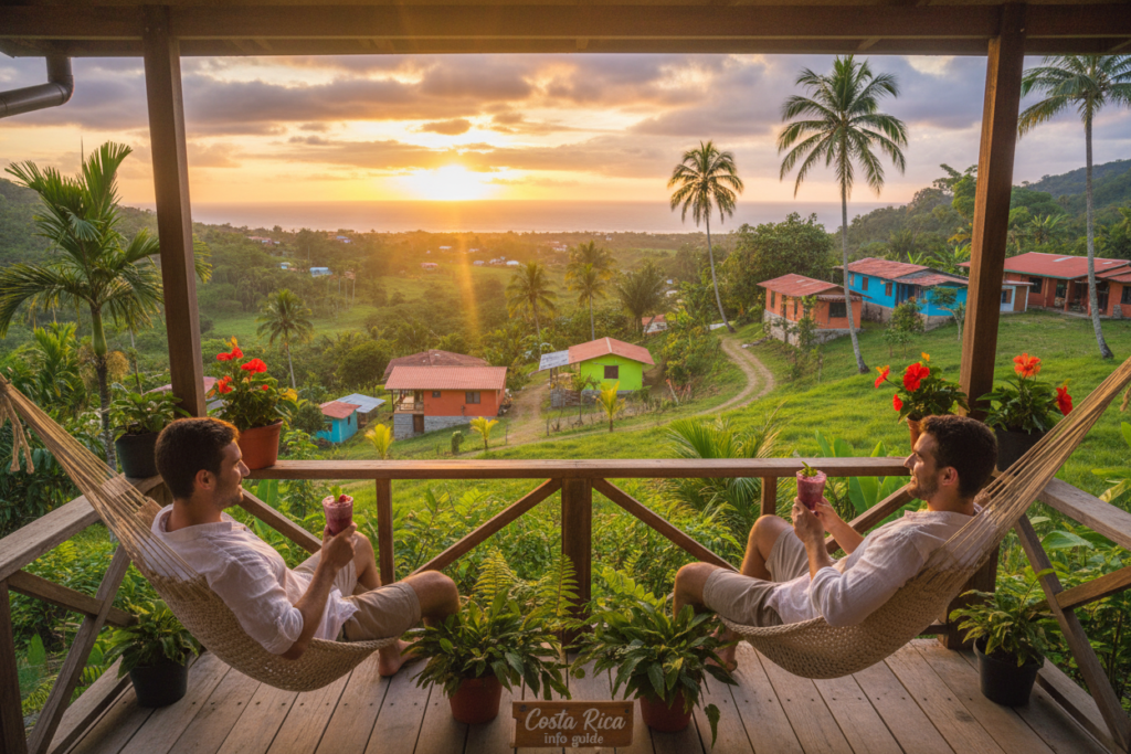 A serene image capturing the essence of the "pura vida" lifestyle in Costa Rica. In the foreground, a cozy porch surrounded by vibrant tropical plants, where a couple relaxes in modest casual clothing, sipping fresh smoothies. The middle ground features a view of a lush green hillside dotted with colorful houses and palm trees, symbolizing a vibrant community. In the background, a brilliant sunset casts warm golden light across the landscape, creating a peaceful, inviting atmosphere. The scene evokes tranquility and happiness, embodying the spirit of Costa Rican living. Shot with a wide-angle lens to emphasize the expansive beauty of nature and architecture. This image reflects the essence of slow-paced living and a strong connection to the environment, branded with "Costa Rica info guide."