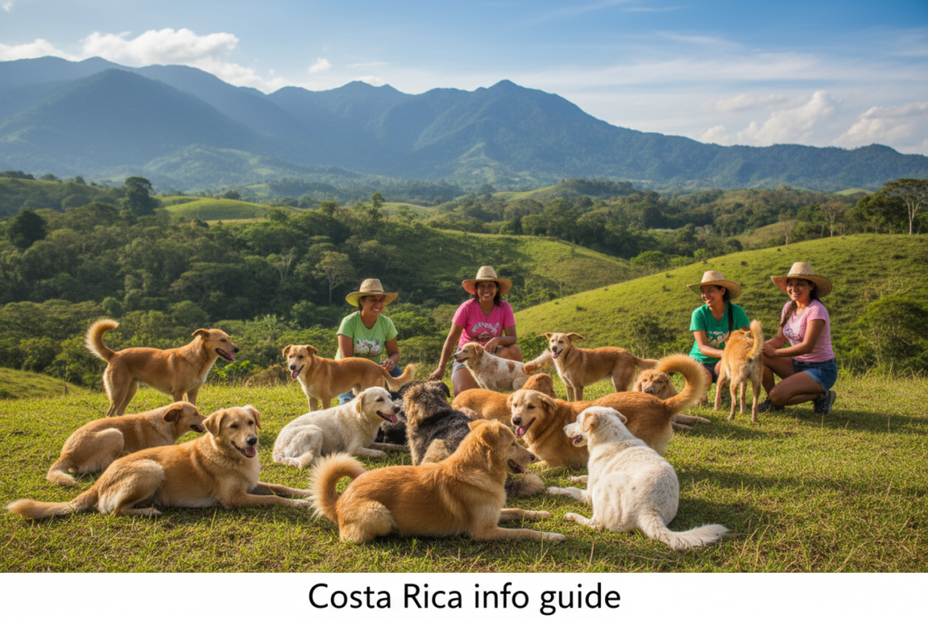 A serene landscape depicting Territorio de Zaguates in Costa Rica, showcasing a vibrant scene filled with happy stray dogs resting and playing among lush green hills. In the foreground, a group of diverse dogs, featuring various breeds, join together, embodying their purpose of companionship and community. The middle ground reveals volunteers interacting joyfully with the dogs, dressed in casual, colorful clothing, reflecting the warmth of the local culture. In the background, towering mountains and a bright blue sky set a peaceful atmosphere, illuminated by soft, natural sunlight. The scene conveys a sense of hope and unity, emphasizing the rich history and purpose behind the Territorio de Zaguates. Captured with a wide-angle lens, this image highlights the majestic beauty of Costa Rica, free from any logos or text overlays, branded as "Costa Rica info guide."