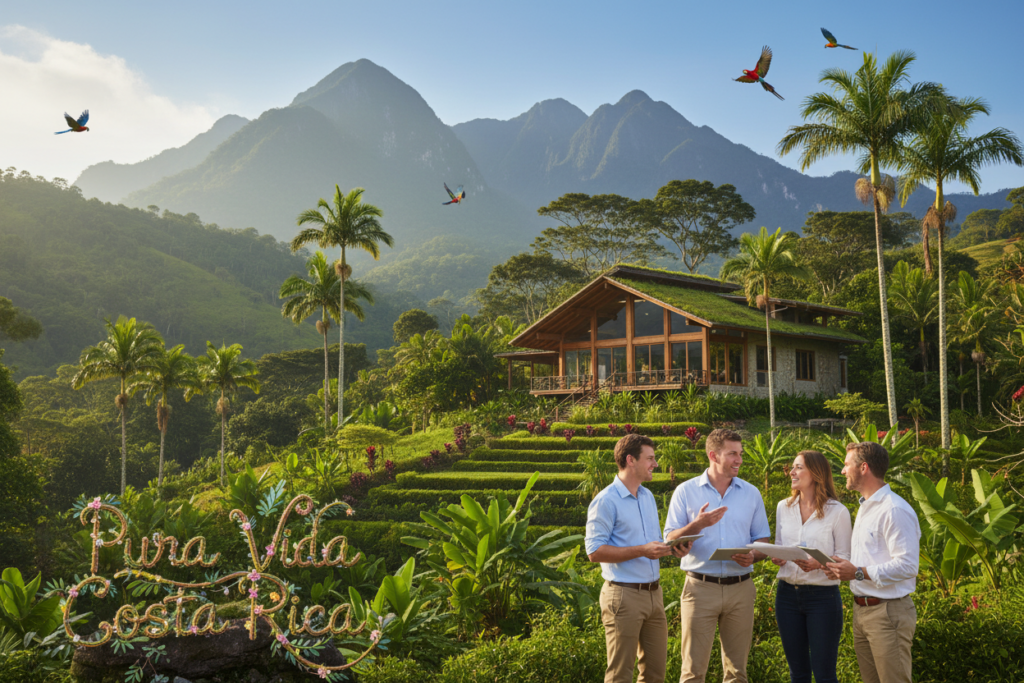 A serene landscape representing the essence of Costa Rica’s investor residency, showcasing lush green hills dotted with vibrant tropical plants and palm trees. In the foreground, a diverse group of professionals in business casual attire—Caucasian men and women in polo shirts and button-downs—discuss their plans, exuding a sense of collaboration and opportunity. The middle ground features a charming property with a rustic yet modern design, symbolizing investment potential. In the background, the majestic mountains rise beneath a bright blue sky, with soft, diffused sunlight creating a warm, inviting atmosphere. Emphasize the eco-friendly aspect with hints of wildlife, such as exotic birds overhead. Incorporate the brand name "Pura Vida Costa Rica" subtly into the landscape, blending it with nature. Aim for a clear, well-composed image with a lively yet serene mood.