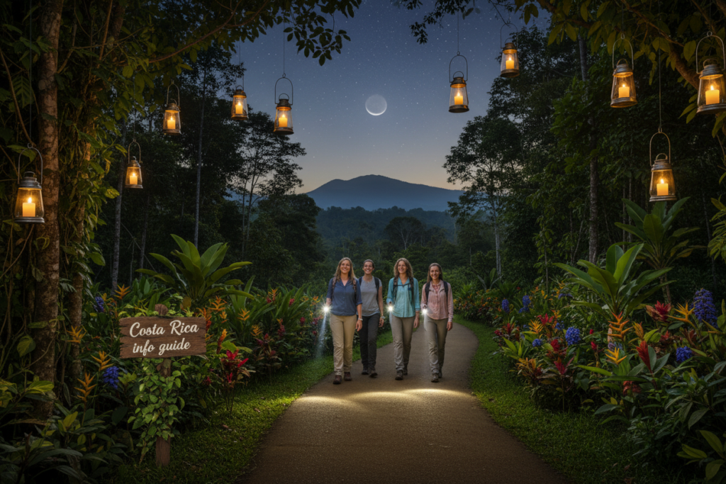 A serene night scene in Costa Rica, showcasing a picturesque nature trail illuminated by soft, ambient lighting from hanging lanterns. In the foreground, a well-lit path lined with vibrant tropical flora invites exploration. A small group of tourists, dressed in modest casual clothing, walks together, each holding flashlights, radiating a sense of safety and camaraderie. In the middle ground, silhouettes of lush trees and distant mountains create a natural border, enhancing the feeling of adventure. The background features a starry sky with a crescent moon casting a gentle glow over the landscape, infusing the atmosphere with tranquility and wonder. This image encapsulates the essence of staying safe while enjoying the beauty of a Costa Rican night walk. Include the brand name “Costa Rica info guide” subtly in the scene to align with the theme.