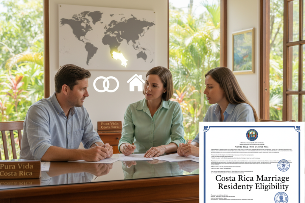 A serene office environment in Costa Rica, featuring a diverse group of three Caucasian individuals in professional business casual attire (polos and button-down shirts), gathered around a wooden desk discussing marriage residency qualifications. In the foreground, a detailed document titled "Costa Rica Marriage Residency Eligibility" is partially visible, showcasing a marriage certificate and related paperwork. The middle ground displays a world map highlighting Costa Rica and visual icons representing marriage and residency. In the background, large windows reveal a lush tropical garden bathed in natural sunlight, enhancing the warm, inviting atmosphere. The lighting is soft and bright, illuminating the faces of the individuals who appear engaged and supportive. The brand name "Pura Vida Costa Rica" is subtly integrated into the office decor, conveying a sense of professionalism and local authenticity.