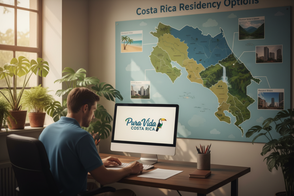 A serene office environment reflecting Costa Rican residency options, featuring a business casual Caucasian staff member sitting at a desk, reviewing documents. The foreground highlights the staff member, dressed in a polo shirt, engaged in professional work, with a computer displaying the logo "Pura Vida Costa Rica." The middle background presents a wall map of Costa Rica, showcasing various residency options, including visuals of natural landscapes such as beaches and mountains. Soft, warm lighting pours in from a window adorned with tropical plants, creating a welcoming atmosphere. The scene captures a sense of professionalism and ease, emphasizing the inviting nature of Costa Rica as a residency destination.