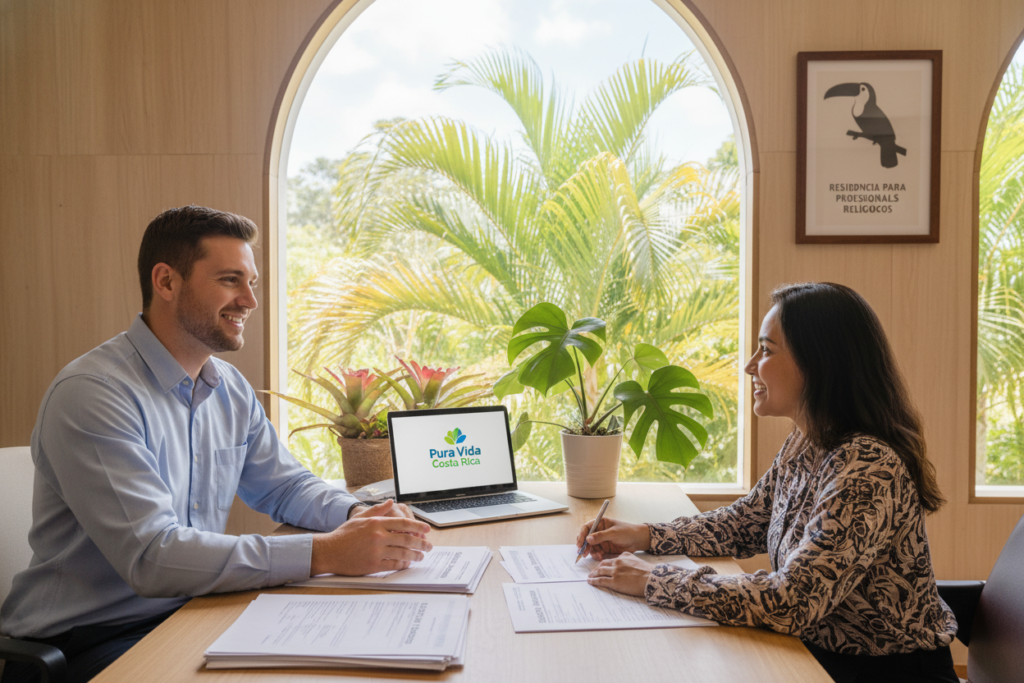 A serene office environment representing Costa Rica residency for religious professionals. In the foreground, a friendly Caucasian staff member in business casual attire (a button-down shirt) discusses documents with another colleague. The middle ground features a desk with Costa Rican residency application forms, a laptop displaying the "Pura Vida Costa Rica" logo, and tropical foliage visible through a large window. In the background, a bright atmosphere with soft lighting illuminates the room, creating an inviting vibe. The scene captures the essence of professionalism intertwined with Costa Rican culture, embodying hope and opportunity for religious workers. The angle is slightly elevated, providing a clear view of the interactions and the vibrant surroundings.