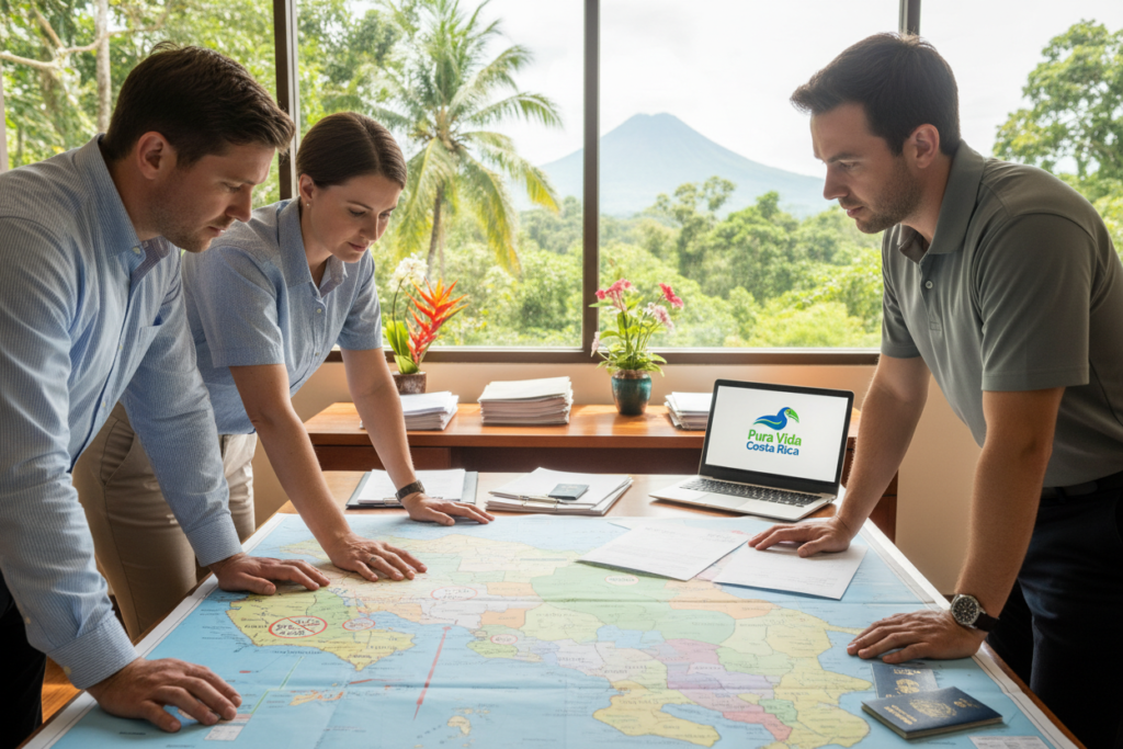 A serene office environment showcasing Costa Rica's visa regulations. In the foreground, a diverse group of four Caucasian professionals dressed in business casual attire—polo shirts and button-downs—are attentively reviewing a large, detailed map of Costa Rica, highlighting visa requirements and regulations. The middle ground features a well-organized desk with documents, visas, and a laptop displaying the logo "Pura Vida Costa Rica." In the background, a bright, sunlit window reveals a lush tropical landscape of Costa Rica, enhancing the warm atmosphere. Soft, natural lighting floods the scene, creating an inviting and informative mood. The angle is slightly elevated, providing a comprehensive view of the workspace and the engaged professionals.