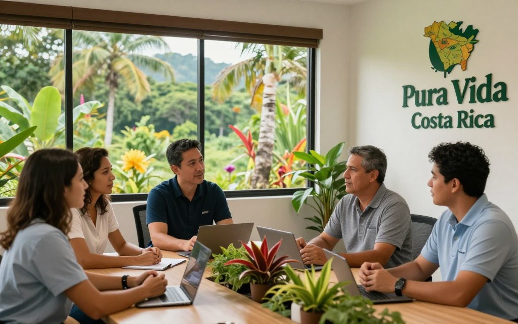 A serene office setting in Costa Rica, highlighting the benefits of residency. In the foreground, a diverse team of professionals (Caucasian staff) in business casual attire – polo shirts and button-downs – engage in a collaborative discussion around a table adorned with Costa Rican flora and greenery. The middle ground displays a large window showcasing a lush tropical landscape with palm trees and colorful flowers, symbolizing the country’s natural beauty. The background features elements of Costa Rican culture, such as a decorative map and a "Pura Vida Costa Rica" logo on the wall. Soft, natural lighting filters through the window, creating a warm and inviting atmosphere, emphasizing a sense of opportunity and harmony, perfect for showcasing the advantages of Costa Rica residency.