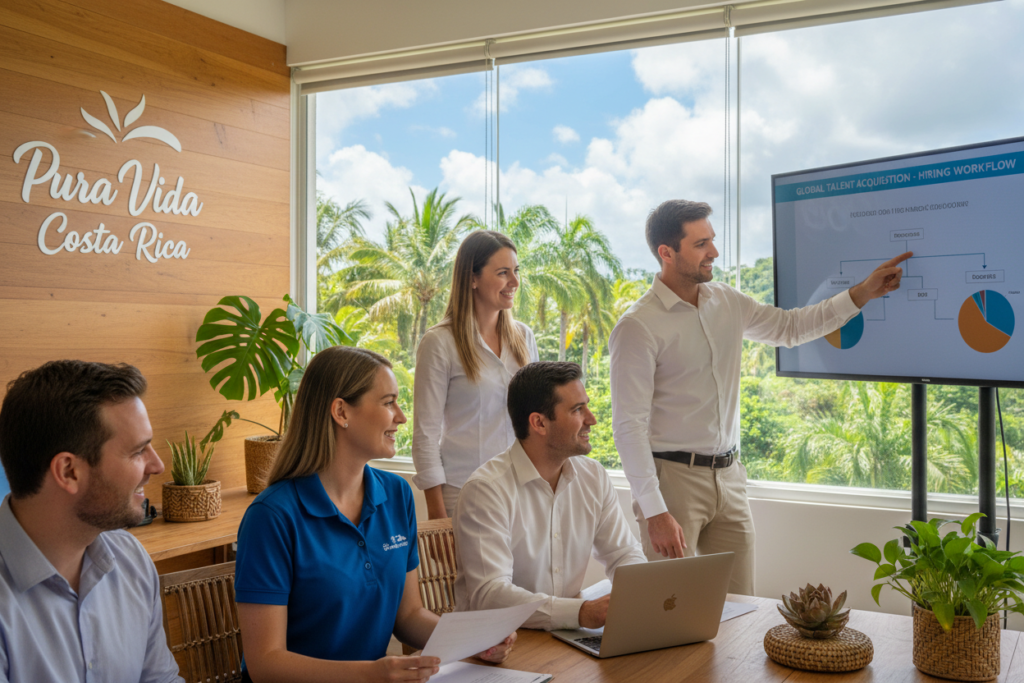 A serene office setting in Costa Rica, showcasing a diverse group of Caucasian employees in business casual attire, such as polo shirts and button-downs, engaged in a collaborative meeting. In the foreground, a cheerful woman is reviewing documents with a laptop open, while a man gestures towards a presentation on a screen, symbolizing teamwork in hiring processes. The middle ground includes a large window revealing a vibrant tropical landscape outside, with palm trees and a clear blue sky, enhancing the inviting atmosphere. The background features a subtle "Pura Vida Costa Rica" branding element, reinforcing the local context. The image should be well-lit with natural daylight filtering in, creating a positive, professional vibe suitable for an informative article.