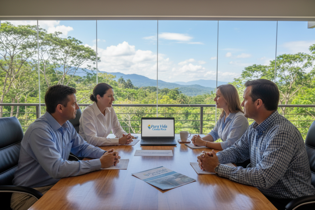 A serene office setting in Costa Rica, showcasing a diverse group of four professionals—Caucasian individuals dressed in business casual attire, such as polo shirts and button-down shirts—engaged in a discussion about residency qualifications. The foreground features a wooden table with documents on Costa Rican residency requirements, a laptop, and a coffee cup. In the middle background, large windows reveal lush green tropical foliage and distant mountains under a clear blue sky, symbolizing the beauty of Costa Rica. Soft, natural lighting filters through the windows, creating a warm and inviting atmosphere. The scene is calm and professional, radiating a sense of opportunity. Prominently displayed on the table is the brand name "Pura Vida Costa Rica."