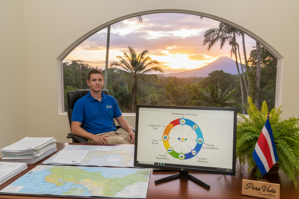 A serene office setting representing "Costa Rica residency pathways," featuring a Caucasian staff member dressed in business casual attire, such as a polo shirt and button-down, working at a desk covered with maps and immigration documents. In the foreground, a computer screen displays a colorful chart illustrating various residency options like retirement, work, and family reunification. The middle ground shows a green-shaded potted plant and a Costa Rican flag, emphasizing the local culture. In the background, a large window reveals a lush tropical landscape with a vibrant sunset, casting warm light that creates an inviting atmosphere. The overall mood is professional yet relaxed, conveying the ease of navigating immigration processes, branded subtly with “Pura Vida Costa Rica” in a stylish design.