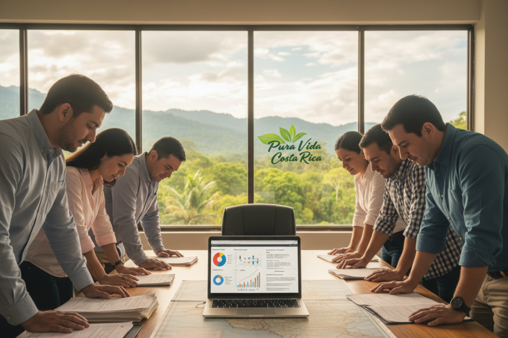 A serene office setting showcasing the Costa Rica residency process. In the foreground, a diverse group of professionals in business casual attire (polo shirts and button-downs) are engaged in discussion over a table covered with documents and a map of Costa Rica. The middle area displays a laptop open with graphs and information about residency opportunities. In the background, a large window reveals the lush greenery of Costa Rica, symbolizing its natural beauty. The lighting is warm and inviting, suggesting a productive and hopeful atmosphere. The Pura Vida Costa Rica brand logo is subtly incorporated into the scene, harmonizing with the theme of the image. The angle captures a dynamic, collaborative environment, inspiring the viewer about the benefits of Costa Rican residency.