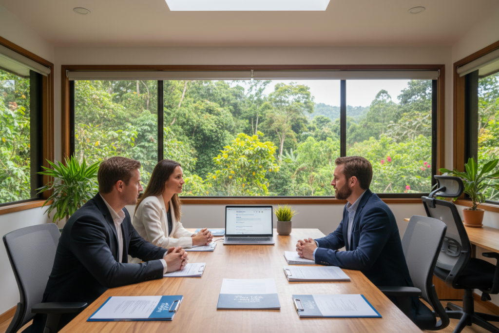 A serene office setting with a large window showcasing lush Costa Rican greenery outside, depicting the natural beauty of Costa Rica. In the foreground, a diverse group of three Caucasian professionals dressed in business casual attire discusses residency options at a wooden table filled with brochures and documents labeled "Pura Vida Costa Rica". A laptop with the Costa Rica immigration website is open, displaying strategic residency pathways. In the background, soft natural lighting brightens the space, creating a warm and inviting atmosphere. The scene conveys a sense of clarity and professional guidance, emphasizing a smooth process for understanding residency in Costa Rica, with vivid colors reflecting the tropical environment outside.