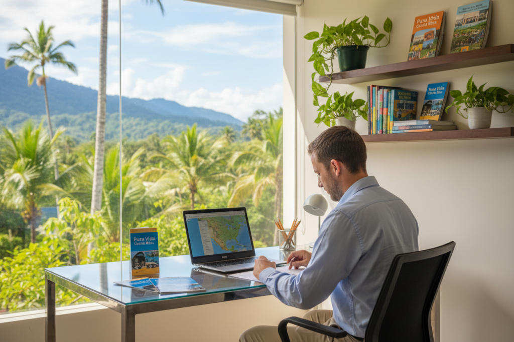 A serene office space set in a modern Costa Rican setting, featuring a large window showcasing a lush tropical landscape with palm trees, mountains, and a blue sky. In the foreground, a Caucasian staff member dressed in professional business casual attire—a light blue button-down shirt—sits at a sleek desk, studying documents about Costa Rican residency options. On the desk, there are brochures labeled "Pura Vida Costa Rica" and a laptop displaying a map of Costa Rica. The middle ground includes a shelf with colorful travel-related books and potted plants, while the background captures the vibrant Costa Rican outdoors. The lighting is soft, with sunlight gently illuminating the workspace, creating an inviting and informative atmosphere.