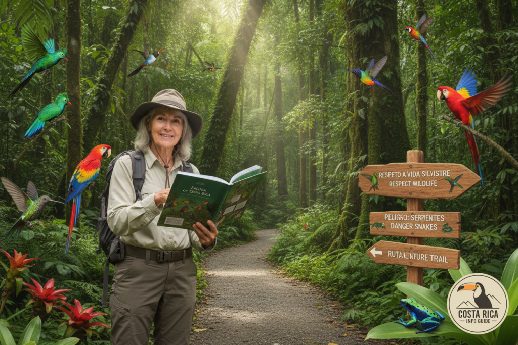 A serene scene depicting an experienced naturalist, dressed in modest outdoor gear, observing wildlife in a lush Costa Rican national park. In the foreground, the naturalist holds a guidebook on Costa Rican animals, with vibrant tropical plants and colorful birds flitting around. The middle ground features a clear, well-marked hiking trail with safety signs advising caution and respect for wildlife. In the background, towering trees create a canopy, dappled sunlight filtering through the leaves, casting soft shadows on the ground. The mood is peaceful and informative, encouraging safe exploration. The image should evoke a sense of adventure while emphasizing the importance of safety in nature. Costa Rica info guide logo is subtly integrated within the scenic details, ensuring a cohesive look without overpowering the image.