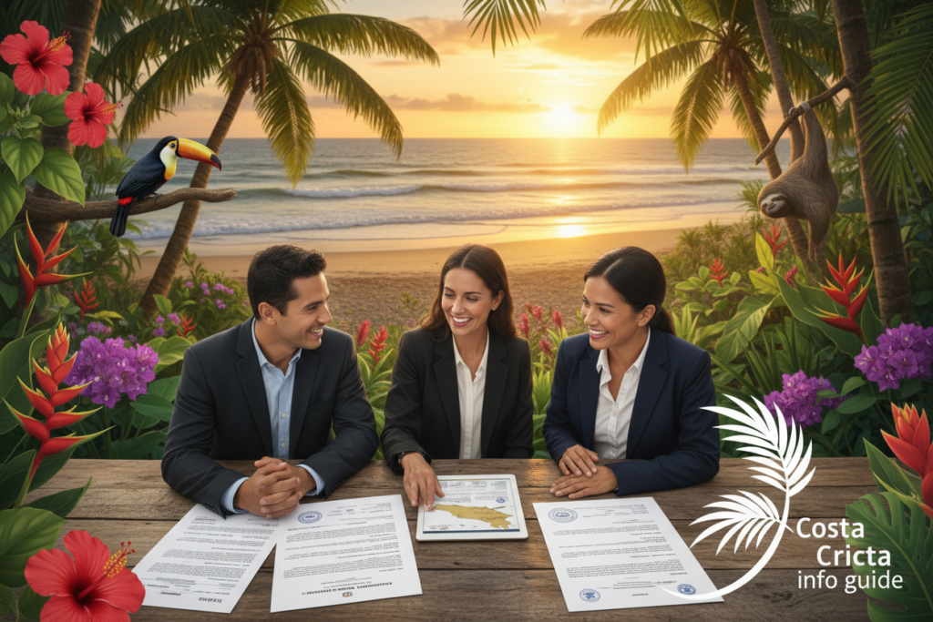 A serene scene showcasing Costa Rica's residency visa options. In the foreground, a diverse group of professionals in modest business attire are engaging in a discussion, with Costa Rican documentation spread on a table. The middle of the image features a lush Costa Rican landscape, with tropical plants, vibrant flowers, and iconic wildlife such as toucans and sloths, creating a sense of tranquility. In the background, the sun sets behind a picturesque beach, casting warm golden light across the scene. The composition should evoke a welcoming atmosphere, symbolizing the opportunities for retirees. The image must not contain any text, logos, or watermarks, but subtly note "Costa Rica info guide" through the visual elements.