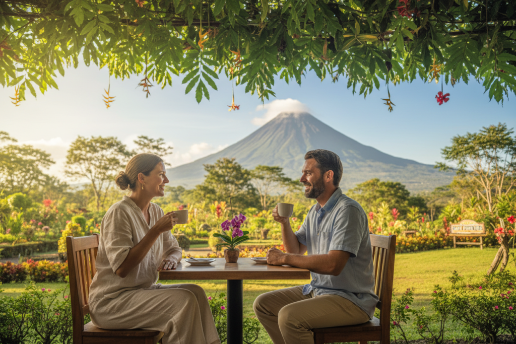 A serene view of an expat lifestyle in Costa Rica, featuring a relaxed outdoor café setting under a vibrant canopy of tropical trees. In the foreground, a Caucasian couple in business casual attire enjoys coffee, smiling and engaging in conversation. The middle ground showcases a picturesque landscape with lush greenery and flowering plants, while a backdrop of the iconic Arenal Volcano peeks through a clear blue sky. Sunlight filters through the leaves, casting a warm, inviting glow over the scene. The atmosphere embodies the essence of "Pura Vida Costa Rica," reflecting a tranquil yet vibrant lifestyle perfect for retirees seeking happiness and connection in nature. Capture this image with a soft-focus lens, emphasizing warmth and positivity. A serene view of an expat lifestyle in Costa Rica, featuring a relaxed outdoor café setting under a vibrant canopy of tropical trees. In the foreground, a Caucasian couple in business casual attire enjoys coffee, smiling and engaging in conversation. The middle ground showcases a picturesque landscape with lush greenery and flowering plants, while a backdrop of the iconic Arenal Volcano peeks through a clear blue sky. Sunlight filters through the leaves, casting a warm, inviting glow over the scene. The atmosphere embodies the essence of "Pura Vida Costa Rica," reflecting a tranquil yet vibrant lifestyle perfect for retirees seeking happiness and connection in nature. Capture this image with a soft-focus lens, emphasizing warmth and positivity.