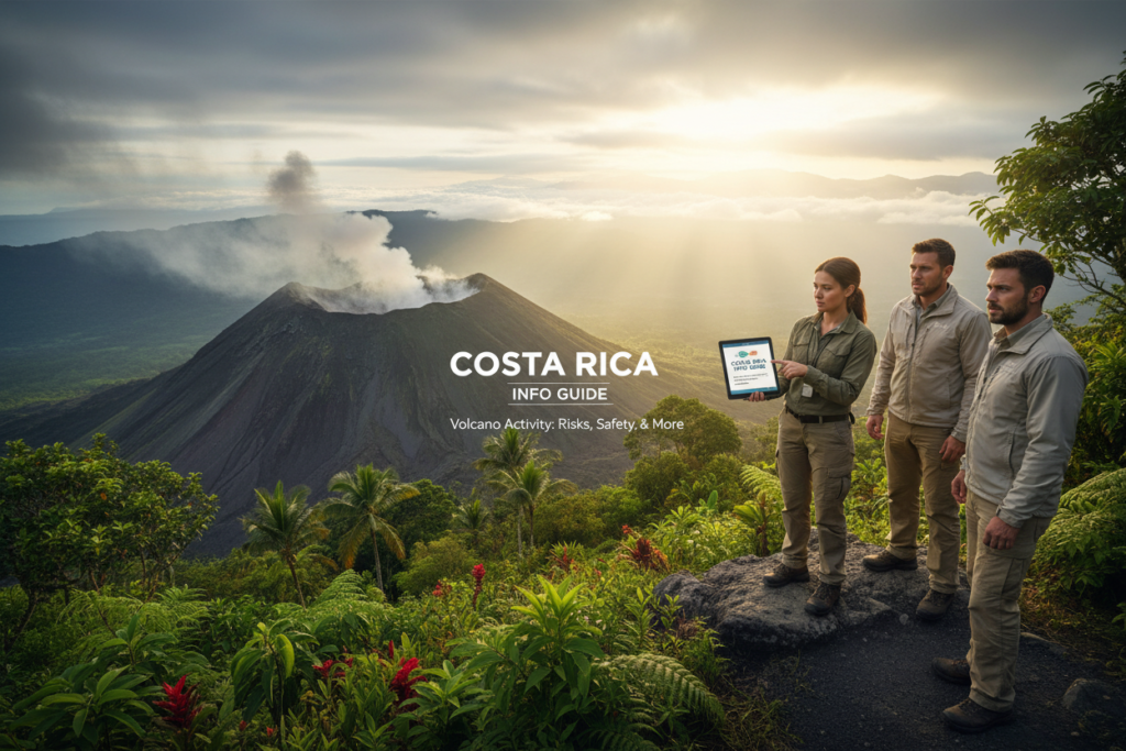 A serene yet alert scene depicting the latest volcanic activity in Costa Rica. In the foreground, a rugged volcanic landscape with a gently smoking volcano, surrounded by lush green trees and tropical flora. Place a group of three professionals in the middle ground, dressed in casual yet professional attire, examining a tablet displaying safety guidelines and updates about the volcano. The background features a stunning cloud-filled sky, with soft rays of sunlight breaking through, creating a hopeful atmosphere. The image conveys urgency and caution while highlighting the natural beauty of Costa Rica's landscape. Capture this with a wide-angle lens effect, emphasizing depth, and use soft, balanced lighting to enhance the overall mood, reflecting the theme of "Costa Rica Volcano Activity: Risks, Safety, and More" without any text or logos, except for featured content branded as "Costa Rica info guide."