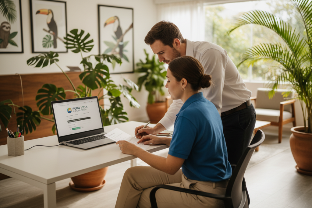 A sleek, modern office environment highlighting the process of booking an immigration appointment for Costa Rica. In the foreground, a Caucasian woman in business casual attire, wearing a polo shirt, is seated at a desk, intently focused on her laptop screen displaying the "Pura Vida Costa Rica" website for online appointment booking. The middle ground features a second Caucasian staff member, also in business casual, assisting the woman, pointing to information on a printed document. In the background, a light-filled reception area showcases tropical plants and decor that evoke the essence of Costa Rica. The lighting is warm and inviting, creating a motivated and professional atmosphere, with a slight depth-of-field effect to emphasize the action in the foreground while softly blurring the background.