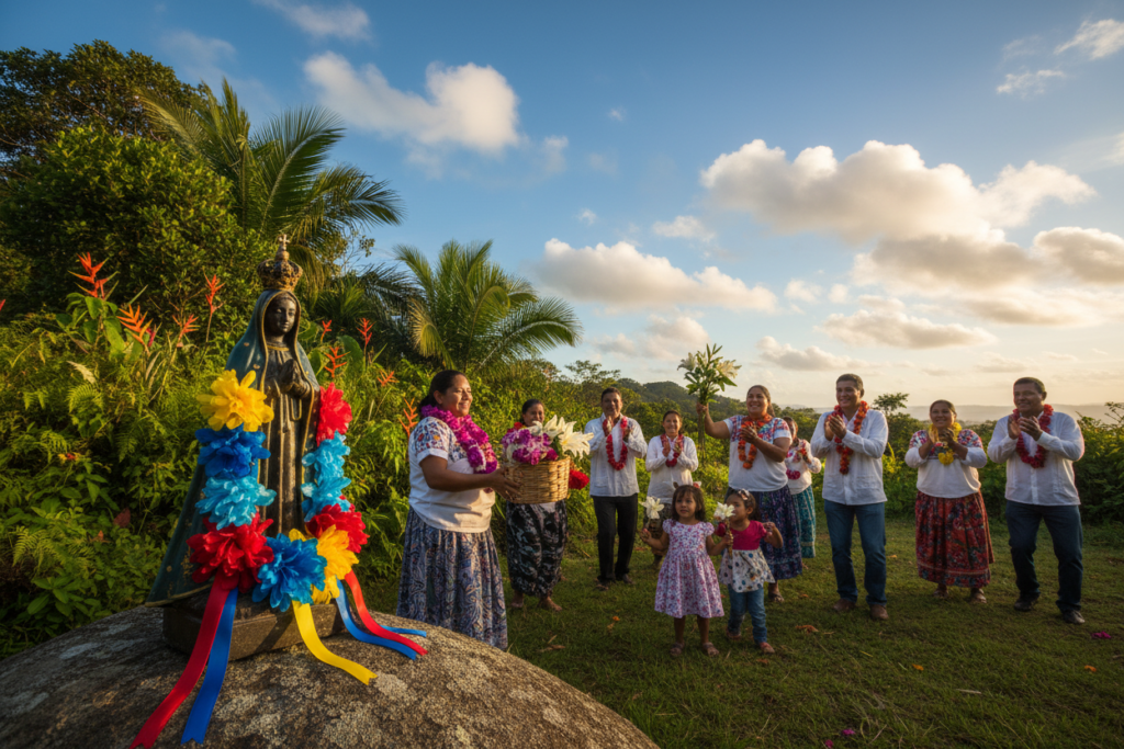 A stunning close-up of the La Negrita statue resting gracefully atop a smooth, weathered rock, surrounded by lush greenery typical of Costa Rica. The statue's intricate details, including delicate features and vibrant colors, should stand out prominently in the foreground. In the middle ground, showcase a small gathering of people in modest casual attire, joyfully celebrating Virgen de los Angeles Day, with colorful traditional clothing and flowers. The background should feature a bright blue sky with fluffy white clouds, illuminating the scene with warm, inviting sunlight. The image should convey a festive and respectful atmosphere, reflecting the rich cultural heritage of Costa Rica. Capture this moment with a wide-angle lens to include both the statue and the vibrant celebrations, ensuring no text overlays or logos appear. This image is brought to you by Costa Rica info guide.