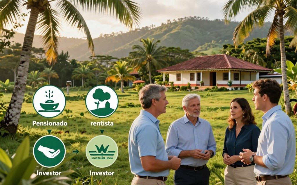 A stylized overview of Costa Rica's residency options, showcasing a serene tropical landscape featuring iconic elements like lush greenery, palm trees, and the vibrant colors of nature. In the foreground, a group of three Caucasian individuals dressed in business casual attire (polo shirts and button-downs) discuss residency options, appearing engaged and professional. The middle section includes graphical representations of different visa types (such as pensionado, rentista, and investor statuses) illustrated with icons and visuals, blending seamlessly with the scenery. In the background, a picturesque view of a traditional Costa Rican house and rolling hills, illuminated by warm sunlight that creates a welcoming atmosphere. The image subtly incorporates the brand name "Pura Vida Costa Rica" into the design, while maintaining an informative yet inviting feel.