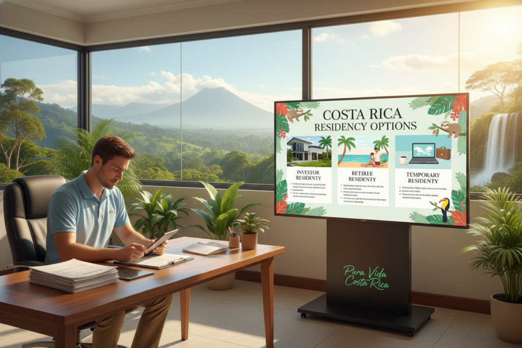 A tranquil office setting illustrating "Costa Rica residency options," with a Caucasian staff member in business casual attire (polo/button-down) at the forefront, reviewing documents related to residency applications. In the middle ground, a large display board showcasing various residency types, such as investor, retiree, and temporary residency, adorned with visuals of lush Costa Rican landscapes and iconic symbols like the sloth and toucan. The background features a sunny view of Costa Rican green hills through a large window, creating a sense of warmth and opportunity. Soft, natural lighting filters through, giving the scene an inviting and professional atmosphere. The brand name "Pura Vida Costa Rica" is subtly integrated into the display.