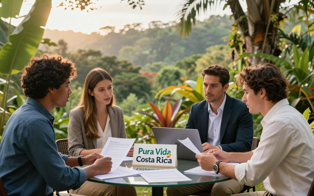 A tranquil scene showcasing the Costa Rica residency journey goals. In the foreground, a diverse group of three Caucasian individuals dressed in professional business casual attire, engaged in a discussion over documents and a laptop amidst tropical greenery. In the middle, a clear table displaying Costa Rican residency paperwork and a "Pura Vida Costa Rica" sign, symbolizing optimism and new beginnings. The background features the lush landscapes of Costa Rica with vibrant flora and fauna under soft, golden sunlight filtering through the trees. The atmosphere conveys a sense of hope and determination, capturing the essence of embarking on a new life in this beautiful country.