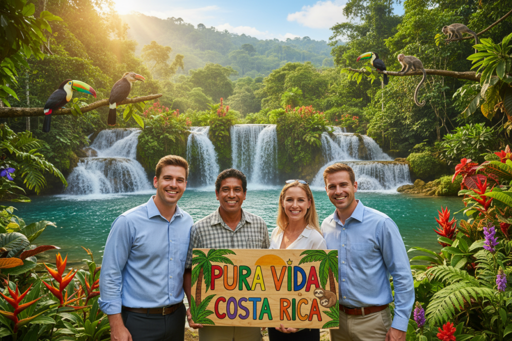 A vibrant Costa Rica tourist experience scene, showcasing lush green rainforests with diverse wildlife in the background. In the foreground, a group of three smiling Caucasian tourists in business casual attire (polo/button-down shirts) poses with a friendly local guide, conveying a sense of inclusiveness and welcome. The guide holds a sign that reads "Pura Vida Costa Rica." The middle ground features picturesque waterfalls and exotic plants, while colorful toucans and monkeys can be seen among the trees. The atmosphere is bright and cheerful, with warm sunlight filtering through the canopy, creating a lively and inviting ambiance. Capture this scene using a wide-angle lens from a slightly low angle to emphasize the lush environment.