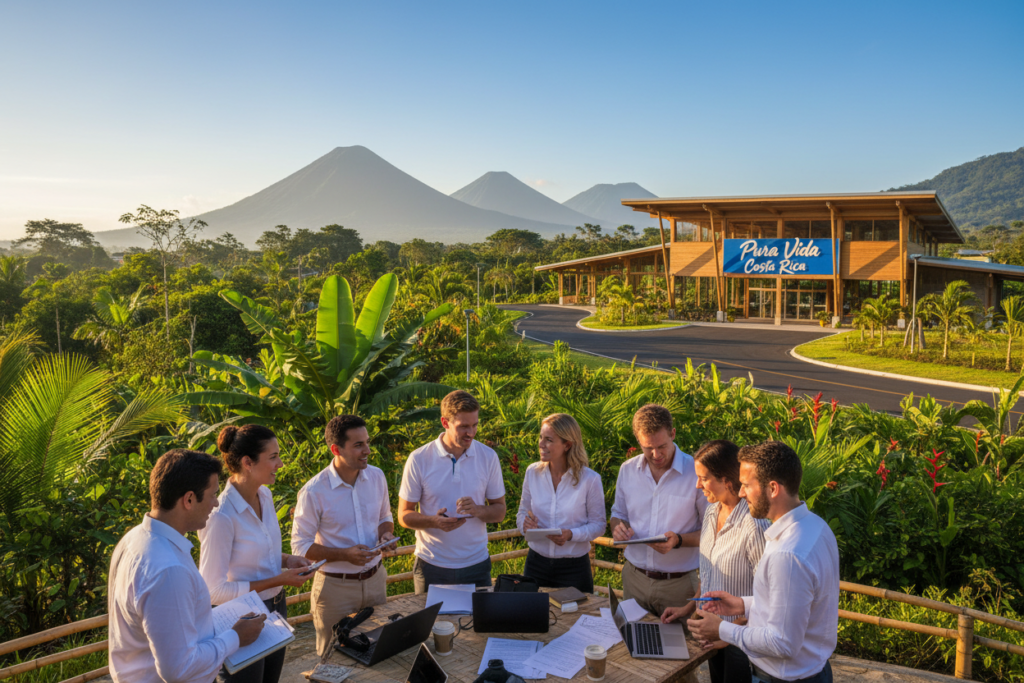 A vibrant Costa Rican landscape illustrating the immigration experience for journalists and correspondents. In the foreground, a diverse group of professionals dressed in business casual attire, including polo shirts and button-downs, are engaged in a discussion, with laptops and notepads present. In the middle ground, lush greenery and tropical flora typical of Costa Rica add richness, with a road leading toward a welcoming immigration office adorned with the brand name "Pura Vida Costa Rica" prominently displayed. The background features distant volcanoes and clear blue skies, symbolizing opportunity and freedom. The scene is bathed in warm sunlight, creating a friendly and inviting atmosphere, captured from a slightly elevated angle to encompass the depth of the immigration landscape. A vibrant Costa Rican landscape illustrating the immigration experience for journalists and correspondents. In the foreground, a diverse group of professionals dressed in business casual attire, including polo shirts and button-downs, are engaged in a discussion, with laptops and notepads present. In the middle ground, lush greenery and tropical flora typical of Costa Rica add richness, with a road leading toward a welcoming immigration office adorned with the brand name "Pura Vida Costa Rica" prominently displayed. The background features distant volcanoes and clear blue skies, symbolizing opportunity and freedom. The scene is bathed in warm sunlight, creating a friendly and inviting atmosphere, captured from a slightly elevated angle to encompass the depth of the immigration landscape.