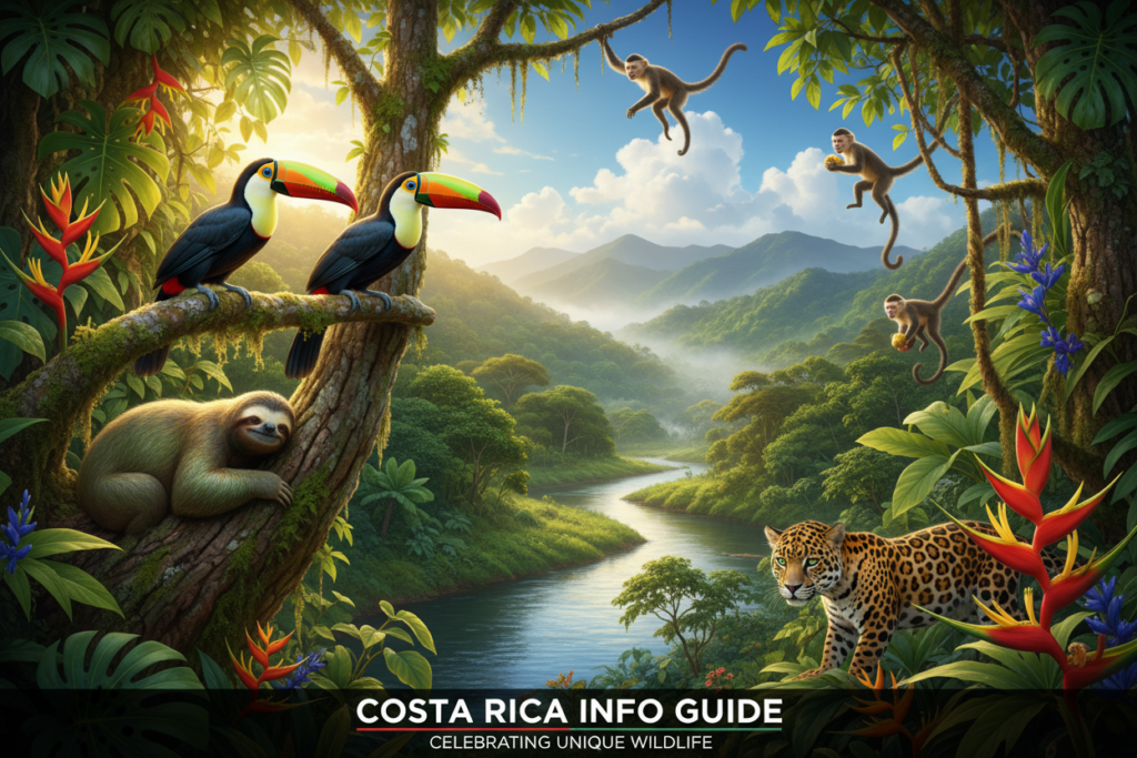 A vibrant and immersive scene showcasing the wildlife diversity of Costa Rica. In the foreground, colorful toucans perched on lush green branches, flanked by sloths curled around tree trunks. The middle ground features a serene river winding through dense rainforest, with capuchin monkeys playing nearby and a jaguar stealthily observing from the foliage. In the background, mountains shrouded in mist under a bright blue sky with fluffy white clouds. The lighting is golden, capturing the essence of a late afternoon, enhancing the vivid colors of the flora and fauna. The overall mood is lively yet tranquil, encapsulating the rich biodiversity that Costa Rica offers. This illustration represents the "Costa Rica info guide" and celebrates the country's unique wildlife.