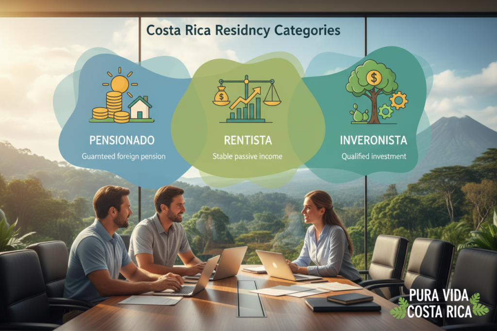 A vibrant and informative illustration showcasing "Costa Rica residency categories" including Pensionado, Rentista, and Inversionista. In the foreground, depict a diverse group of three professional individuals in business casual attire—Caucasian staff members wearing polo shirts and button-downs—engaged in discussion around a large table, with documents and a laptop open. In the middle, an infographic-style representation of residency categories, featuring symbols or icons representing each category—pension funds for Pensionado, financial stability for Rentista, and investment symbols for Inversionista. In the background, a scenic view of Costa Rica's lush landscape, highlighting its natural beauty. Use warm, natural lighting to create an inviting atmosphere, capturing the essence of "Pura Vida Costa Rica" in the overall composition. The angle should be slightly overhead for a comprehensive view.