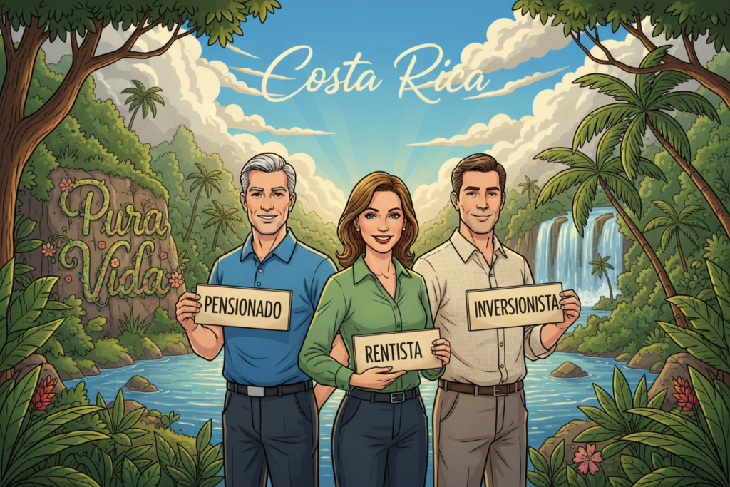 A vibrant and informative illustration showcasing the Costa Rica residency eligibility categories: Pensionado, Rentista, and Inversionista. In the foreground, three Caucasian professionals dressed in business casual attire, such as polo shirts and button-downs, stand confidently. Each person holds a sign representing their category: Pensionado, Rentista, and Inversionista. In the middle ground, the lush greenery of Costa Rica surrounds them, with tropical plants and a gentle river flowing nearby, symbolizing the nation's natural beauty. The background features a clear blue sky with soft, warm sunlight filtering through, creating an inviting and optimistic atmosphere. The phrase "Pura Vida Costa Rica" is subtly integrated into the scenery, enhancing the overall theme without any text overlays. Focus on vibrant colors, depth, and clarity to convey the essence of Costa Rica's residency options. A vibrant and informative illustration showcasing the Costa Rica residency eligibility categories: Pensionado, Rentista, and Inversionista. In the foreground, three Caucasian professionals dressed in business casual attire, such as polo shirts and button-downs, stand confidently. Each person holds a sign representing their category: Pensionado, Rentista, and Inversionista. In the middle ground, the lush greenery of Costa Rica surrounds them, with tropical plants and a gentle river flowing nearby, symbolizing the nation's natural beauty. The background features a clear blue sky with soft, warm sunlight filtering through, creating an inviting and optimistic atmosphere. The phrase "Pura Vida Costa Rica" is subtly integrated into the scenery, enhancing the overall theme without any text overlays. Focus on vibrant colors, depth, and clarity to convey the essence of Costa Rica's residency options.