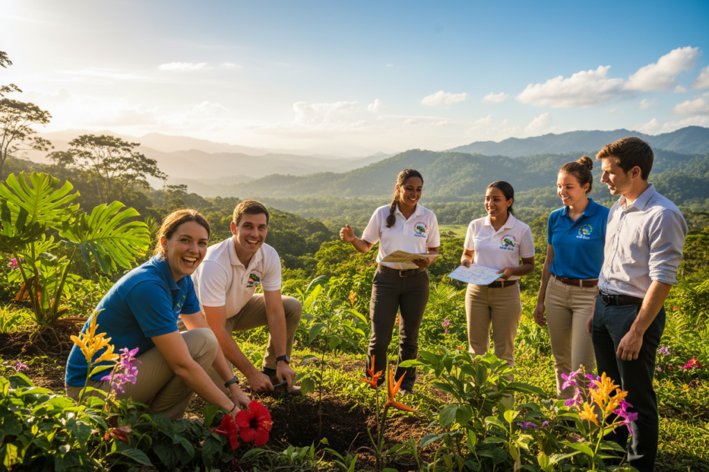 A vibrant and informative scene depicting a group of Caucasian volunteers in business casual attire (polos and button-down shirts) engaging in community service in a lush Costa Rican landscape. In the foreground, two volunteers are planting trees, smiling, surrounded by rich greenery and colorful tropical flowers. In the middle ground, a friendly Costa Rican staff member wearing a "Pura Vida Costa Rica" logo is explaining details about volunteer residency to a small group of interested participants. The background features a stunning view of the Costa Rican mountains under a bright blue sky, symbolizing opportunity and growth. The lighting is warm and inviting, evoking feelings of hope and community. The angle captures a dynamic perspective, showcasing both action and interaction, emphasizing the essence of volunteerism in Costa Rica.
