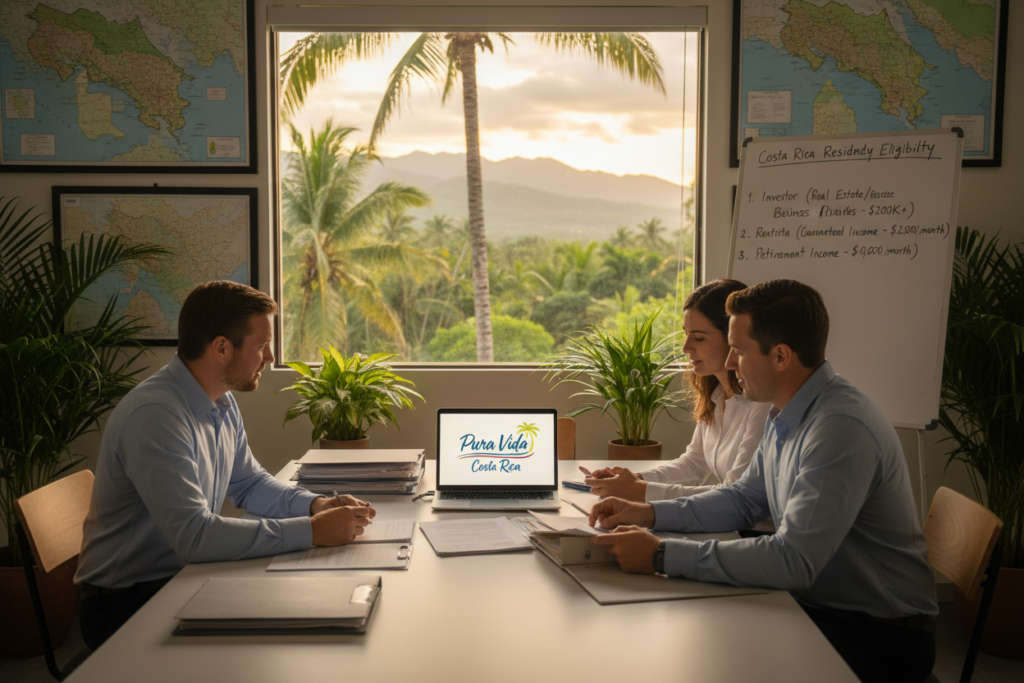 A vibrant and inviting office scene illustrating the eligibility criteria for Costa Rica residency. In the foreground, a diverse group of three Caucasian professionals dressed in business casual attire, including polo shirts and button-downs, are engaged in a discussion around a table cluttered with documents and a laptop displaying the logo "Pura Vida Costa Rica." In the middle, a large window bathed in warm, natural light shows a lush tropical landscape outside, symbolizing Costa Rica's diverse nature. The background features a modern office decor with plants and Costa Rican maps on the wall, creating a welcoming, professional atmosphere. The lighting is soft and warm, casting gentle shadows that evoke a sense of collaboration and opportunity.