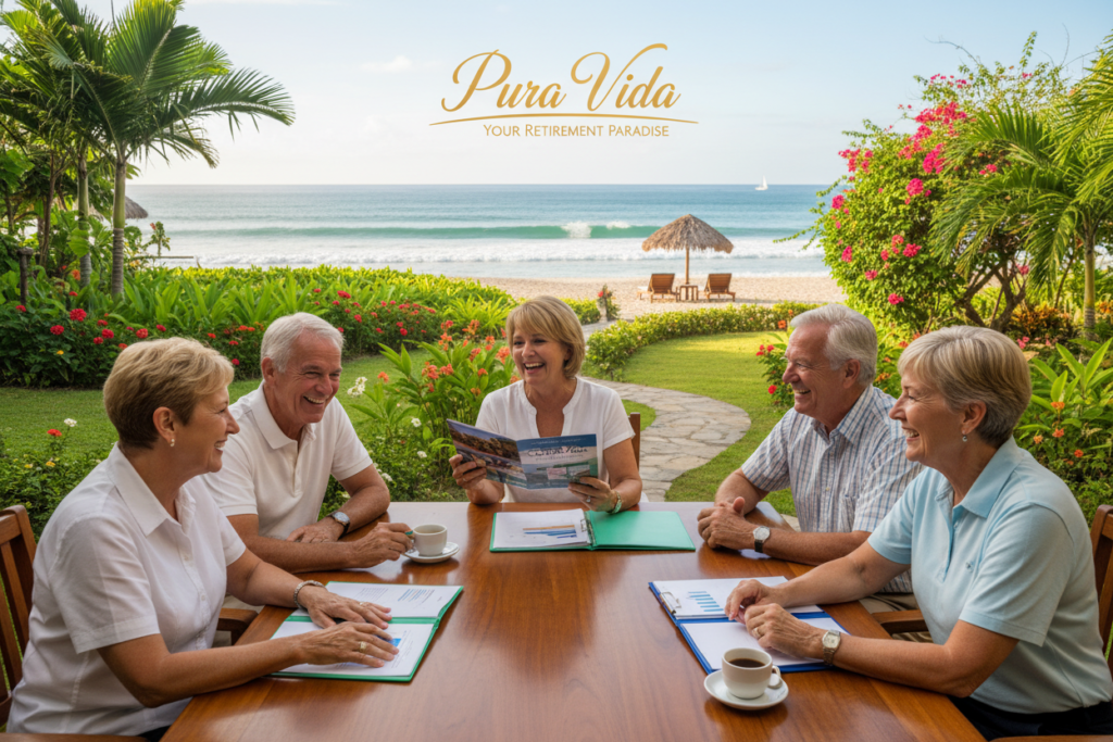 A vibrant and inviting scene depicting Costa Rica residency options for retirees. In the foreground, a diverse group of four Caucasian individuals in business casual attire (polo shirts and button-downs) are engaged in a friendly discussion, surrounded by brochures and documents. The middle ground features a beautiful tropical landscape with lush greenery and colorful flowers, symbolizing the rich natural beauty of Costa Rica. In the background, a serene view of a beach with gentle waves and a clear blue sky evokes a sense of tranquility. Soft, warm lighting creates a welcoming atmosphere, enhancing the feeling of comfort and opportunity. Prominently displayed is the brand name "Pura Vida Costa Rica" in an elegant, unobtrusive style. The overall mood is positive and informative, inviting retirees to explore residency options.