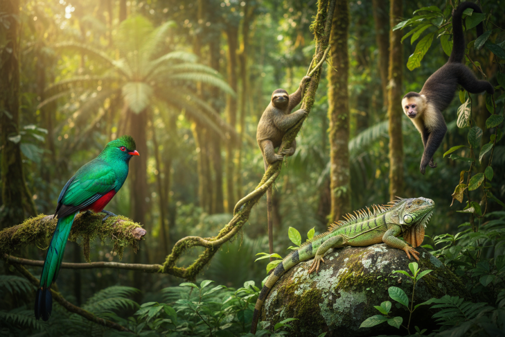 A vibrant and lively scene showcasing common Costa Rican creatures in their natural habitat. In the foreground, feature a bright resplendent quetzal perched on a branch, alongside a playful capuchin monkey hanging from a nearby tree. In the middle ground, depict a sloth slowly climbing a thick vine, while a green iguana basks in the dappled sunlight on a rock. The background should be a lush rainforest teeming with greenery, with rays of sunlight filtering through the dense canopy, creating a warm and inviting atmosphere. Use a soft focus lens effect for a dreamy quality, capturing the essence of Costa Rican wildlife. This image should embody the rich biodiversity and charm of Costa Rica, perfect for a wildlife guide. Costa Rica info guide.