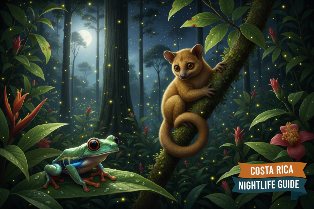 A vibrant and lush Costa Rican rainforest at night, filled with rich green foliage and dynamically colored nocturnal wildlife. In the foreground, a curious tree frog sits on a leaf, its skin glistening beneath soft moonlight. The middle ground features a slinky kinkajou clinging to a branch, with glowing eyes peeking through the dense leaves. Scattered fireflies illuminate the scene, creating a magical atmosphere. In the background, silhouettes of tall trees stretch up against a starry sky, showcasing the majestic beauty of Costa Rica's nocturnal environment. Utilize warm, natural lighting to highlight the wildlife and foliage details, capturing a serene yet lively mood. Lens focus should be sharp on the animals, with a slight blur on the background to emphasize the nightlife. This image represents Costa Rica info guide.