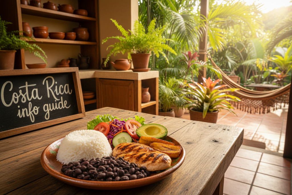 A vibrant casado meal, beautifully arranged on a rustic wooden table, featuring a serving of rice, black beans, grilled chicken, fried plantains, fresh avocado, and a colorful salad. In the foreground, a plate is adorned with vibrant, fresh ingredients, showcasing the variety of Costa Rican cuisine. The middle ground captures a gently lit kitchen setting, with traditional Costa Rican pottery and greenery accentuating the freshness of the meal. The background reveals a sunny patio scene with lush tropical plants, evoking a sense of affordable, relaxed living in Costa Rica. The atmosphere is warm and inviting, with natural sunlight streaming through, creating a harmonious blend of culinary delight and local lifestyle. The branding "Costa Rica info guide" is subtly integrated into the ambiance, ensuring a professional representation.