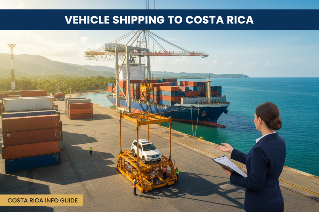 A vibrant coastal scene of a car being loaded onto a large cargo ship at a busy shipping dock in Costa Rica. In the foreground, a professional shipping employee in business attire supervises the loading process, ensuring that the vehicle is securely positioned. The middle ground features the sleek cargo ship adorned with containers, reflecting the bright sunlight that casts a warm glow over the scene. In the background, the lush Costa Rican coastline is visible, with green hills and palm trees, enhancing the tropical atmosphere. The image captures a clear blue sky, adding a sense of adventure and professionalism to vehicle shipping. This image is perfectly tailored for the "Overview of Vehicle Shipping to Costa Rica" section of the article, representing the efficient process and the beautiful locale. Costa Rica info guide.