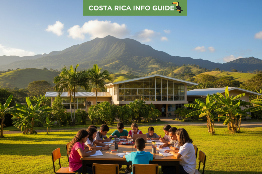 A vibrant educational landscape in Costa Rica, showcasing a picturesque school set against a backdrop of lush, green hills. In the foreground, diverse students of varying ages are engaged in a collaborative learning activity outside, dressed in comfortable, modest clothing. The middle ground features a modern school building with large windows, allowing natural light to pour in, surrounded by tropical plants and trees. In the background, the majestic mountains of Costa Rica rise under a bright blue sky dotted with fluffy white clouds. The scene is illuminated by warm sunlight, creating an inviting and hopeful atmosphere that reflects the country's commitment to education. This image is designed to provide a visual overview of Costa Rica's unique education landscape, in the style of a real photograph. Costa Rica info guide.