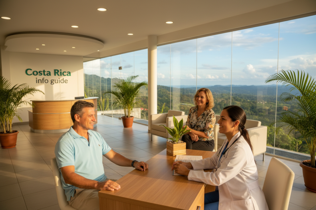 A vibrant healthcare scene in Costa Rica, showcasing a friendly doctor in professional attire consulting with a middle-aged couple at a bright, modern clinic. In the foreground, the couple, dressed in modest casual clothing, appear engaged and relaxed, reflecting a sense of security and well-being. The middle of the image features a well-organized reception area with lush tropical plants and natural light streaming in through large windows. In the background, a view of the stunning Costa Rican landscape, with rolling hills and a clear blue sky, emphasizes the tranquil lifestyle. The lighting is warm and inviting, enhancing the atmosphere of health and comfort. The composition should convey a sense of community and care, ideal for depicting the healthcare system in Costa Rica, accompanied by the brand name "Costa Rica info guide."