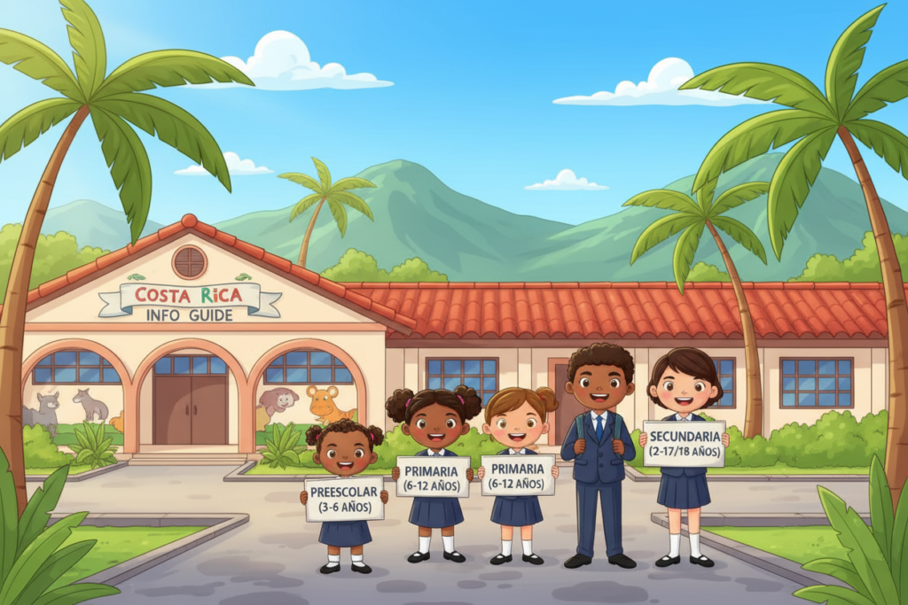 A vibrant illustration depicting the school levels and age requirements in Costa Rica. In the foreground, a diverse group of children from different educational levels, wearing professional attire, stand in a cheerful setting, each holding a sign indicating their specific school level (e.g., preschool, primary, secondary). The middle ground showcases an educational building resembling a typical Costa Rican school, with colorful murals and lush greenery surrounding it. In the background, mountains and a clear blue sky evoke a sense of optimism and growth. Soft, warm lighting illuminates the scene, creating an inviting atmosphere. The image should have a slightly elevated angle, capturing the essence of Costa Rica's education system, while avoiding any distractions or text overlays. Include the phrase "Costa Rica info guide" subtly integrated into the scenery, maintaining focus on the educational theme.