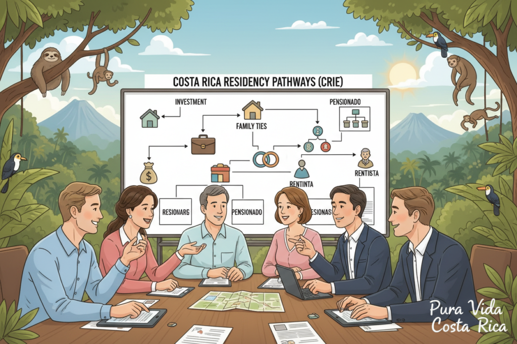 A vibrant, informative illustration depicting pathways to qualify for Costa Rica residency (CRIE). In the foreground, a diverse group of Caucasian individuals in professional business casual attire (polo shirts and button-downs) engages in discussion around a table covered with maps and documents related to residency options. In the middle ground, a whiteboard displays visual flowcharts outlining the residency criteria, with symbols representing different qualification pathways like investments and family ties. The background features a sunny Costa Rican landscape with lush greenery and iconic wildlife, creating a warm, inviting atmosphere. Soft, natural lighting enhances the scene, simulating the bright, welcoming environment of Costa Rica. Include the brand name "Pura Vida Costa Rica" subtly integrated into the design.