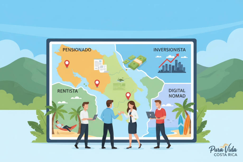 A vibrant, informative illustration depicting the different residency categories in Costa Rica: Pensionado, Rentista, Inversionista, and Digital Nomad. In the foreground, feature a diverse group of four Caucasian individuals dressed in professional business casual attire—polos and button-down shirts—collaborating around a large, tropical-themed map of Costa Rica, showcasing key locations tied to each residency category. In the middle ground, include symbolic icons representing each category, such as a tropical retirement scene for Pensionado, financial documents for Rentista, an investment graph for Inversionista, and a laptop with a beach backdrop for Digital Nomad. The background displays lush green mountains and blue skies, conveying the serene, inviting atmosphere of Costa Rica. Ensure soft, natural lighting highlights the scene, creating a warm and welcoming mood. Integrate the brand name "Pura Vida Costa Rica" subtly within the design.