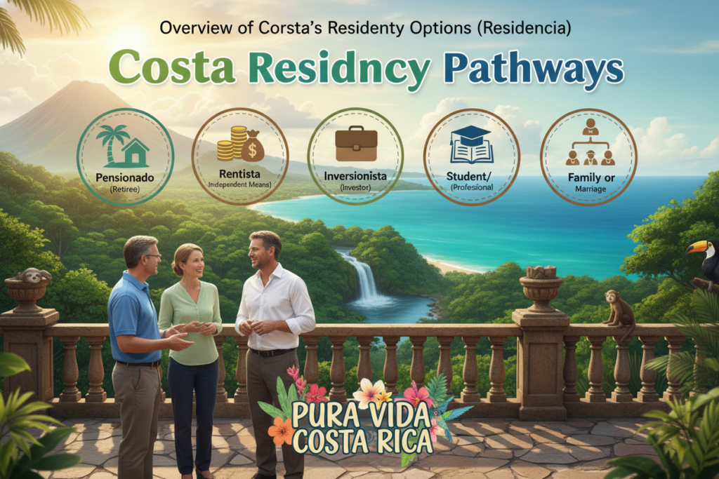 A vibrant, informative illustration showcasing "Costa Rica residency pathways" for an article section titled "Overview of Costa Rica's Residency Options (Residencia)". In the foreground, a diverse group of professionals of Caucasian descent is depicted in business casual attire, with polo shirts and button-downs, engaged in discussion near a scenic Costa Rican backdrop. In the middle ground, visual elements represent various residency options, such as icons or symbols like palm trees, 'Rentista' labels, and documents, subtly integrated. The background features lush tropical foliage and iconic Costa Rican landmarks, suggesting a sense of place. Soft, warm natural lighting enhances the inviting atmosphere. The phrase "Pura Vida Costa Rica" is artfully incorporated into the design, emphasizing the essence of life in Costa Rica.