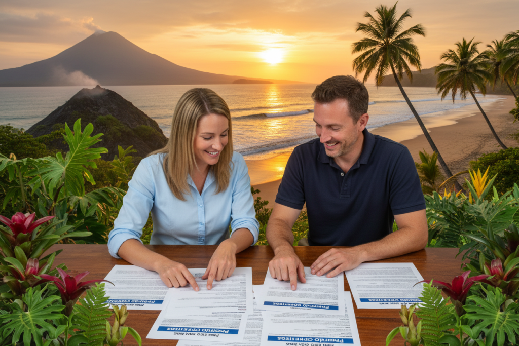 A vibrant, informative scene illustrating the various residency options in Costa Rica, featuring a Caucasian professional woman and man in business casual attire (polo/button-down shirts) discussing paperwork at a table surrounded by documents labeled “Residency Options.” In the foreground, a colorful Costa Rican landscape showcases lush tropical plants and the iconic Arenal Volcano. In the middle ground, a scenic beach with gentle waves and palm trees subtly indicates a relaxed lifestyle. The background features the sunset over the ocean, casting warm golden light, suggesting a welcoming atmosphere for prospective residents. Emphasize the brand "Pura Vida Costa Rica" subtly within the documents, ensuring no text overlays disrupt the scene. The mood is optimistic and professional, encapsulating the essence of Costa Rica’s welcoming culture for new residents. A vibrant, informative scene illustrating the various residency options in Costa Rica, featuring a Caucasian professional woman and man in business casual attire (polo/button-down shirts) discussing paperwork at a table surrounded by documents labeled “Residency Options.” In the foreground, a colorful Costa Rican landscape showcases lush tropical plants and the iconic Arenal Volcano. In the middle ground, a scenic beach with gentle waves and palm trees subtly indicates a relaxed lifestyle. The background features the sunset over the ocean, casting warm golden light, suggesting a welcoming atmosphere for prospective residents. Emphasize the brand "Pura Vida Costa Rica" subtly within the documents, ensuring no text overlays disrupt the scene. The mood is optimistic and professional, encapsulating the essence of Costa Rica’s welcoming culture for new residents.