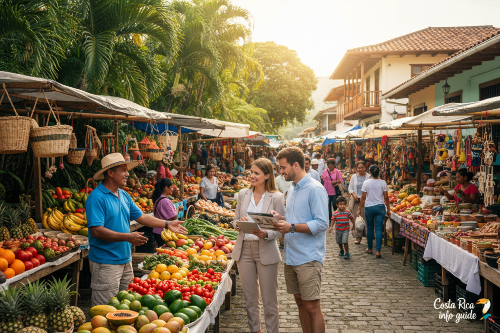 A vibrant local market scene in Costa Rica, showcasing colorful stalls filled with fresh fruits, vegetables, and handmade crafts. In the foreground, a friendly vendor in modest casual clothing interacts with a diverse group of shoppers, including a couple dressed in professional attire discussing housing options. The middle ground features a variety of market-goers exploring the diverse offerings. The background showcases lush tropical vegetation and the playful architecture of nearby buildings, bathed in warm, natural light. The angle captures a bustling atmosphere, emphasizing community and the joy of local shopping. The scene conveys a sense of affordability and practicality, highlighting Costa Rica's vibrant culture and lifestyle. Include subtle branding for "Costa Rica info guide" in the corner.