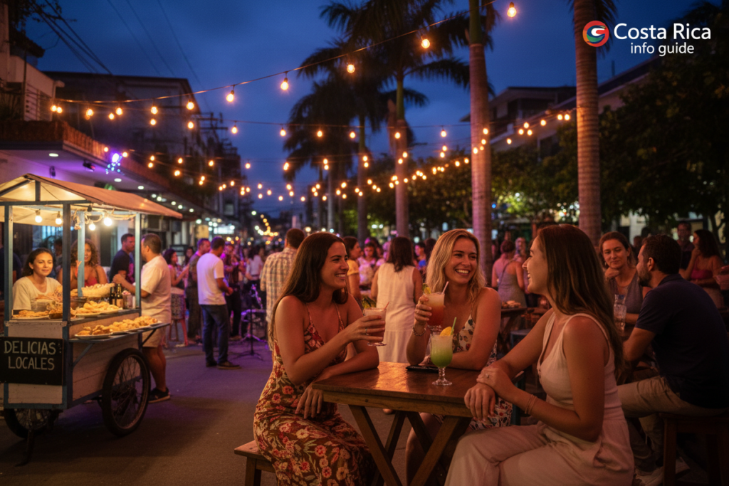 A vibrant nightlife scene in Costa Rica featuring a diverse group of people dressed in modest casual clothing, enjoying the atmosphere at a lively outdoor bar. In the foreground, two friends are seated at a table, sipping drinks and smiling, while in the background, colorful lights illuminate the street filled with other patrons. A street vendor selling local snacks adds cultural context, and palm trees sway gently in the evening breeze. The mood is festive yet relaxed, capturing the essence of safe social interaction. Soft lighting enhances the warm, inviting ambiance of the night. The image should reflect the theme of safety in nightlife while showcasing a beautiful Costa Rican setting, aligned with the “Costa Rica info guide” brand.