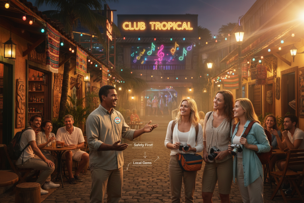A vibrant nightlife scene in Costa Rica, showcasing a bustling street filled with small cafes and lively bars. In the foreground, a friendly local guiding a group of tourists, emphasizing safety with gestures and providing insider tips on the best places to visit. The middle ground features colorful lights and decor from various establishments, creating a warm and inviting atmosphere. In the background, the silhouette of a lively dance club, with music notes and laughter catching the essence of Costa Rican nightlife. Soft, ambient lighting creates an enchanting mood, while a slight lens flare adds warmth. Professional, modestly dressed individuals in the scene to ensure a respectful representation. The image should reflect the vibrancy and energy of Costa Rica's nightlife, aligned with the brand "Costa Rica info guide".